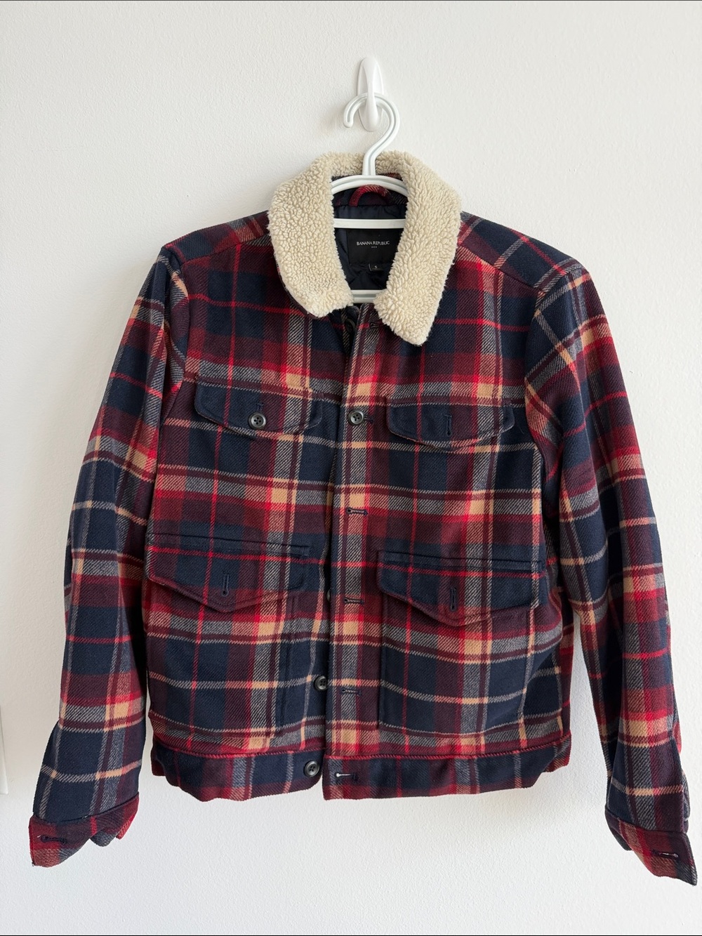 Banana Republic Red & Navy Plaid Sherpa Collar Jacket